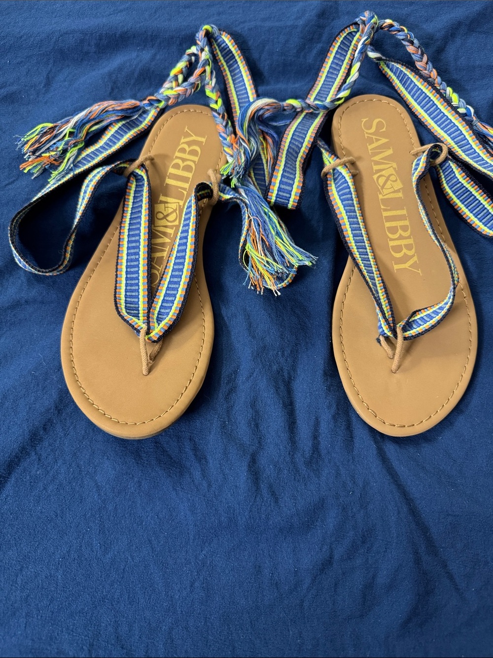 Sam & Libby Tan Footbed Wrap Sandals with Blue and Green Straps
